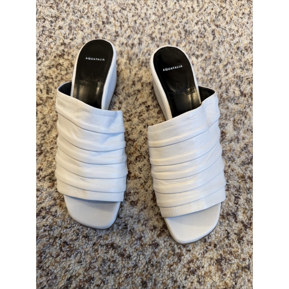Aquatalia New White Leather Sandals Womens Szโ 8.5 Open Toe Wedge 2" High Italy
